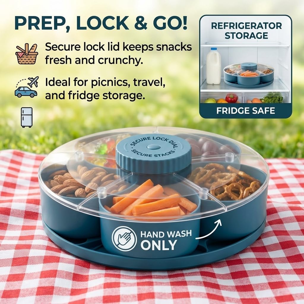 Divided Serving Tray that Spins with Lid, 5-Compartment Rotating Snack Container & Snackle Box, Lazy Susan Veggie Fruit Tray Organizer for Party Appetizers, Travel, Picnic (1PCS Gray)