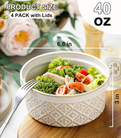 Airtight Food Storage Containers with Lids Mixing Bowls Set, Ceramic Serving Bowls with Lids Set of 4, 12/16/28/40 oz Stackable Nesting Salad Bowls for Cooking, Baking, Ramen - Beige