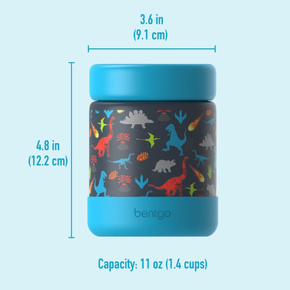 Bentgo Kids Stainless Steel Food Jar - 11oz Leak-Proof Double Insulated Hot or Cold Food Container with Removable Silicone Bumper, Dishwasher Safe, Easy Open Lid, Ages 3+ (Trucks)