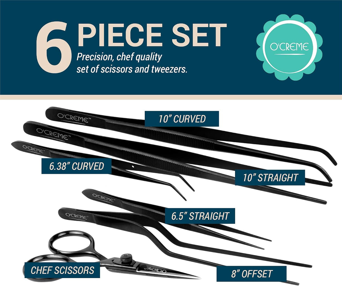 O'Creme Set of Culinary Tweezer Tongs Offset, Straight and Curved, Plus Super Sharp Chef Scissors, Total 6 Pieces (Rose Gold)