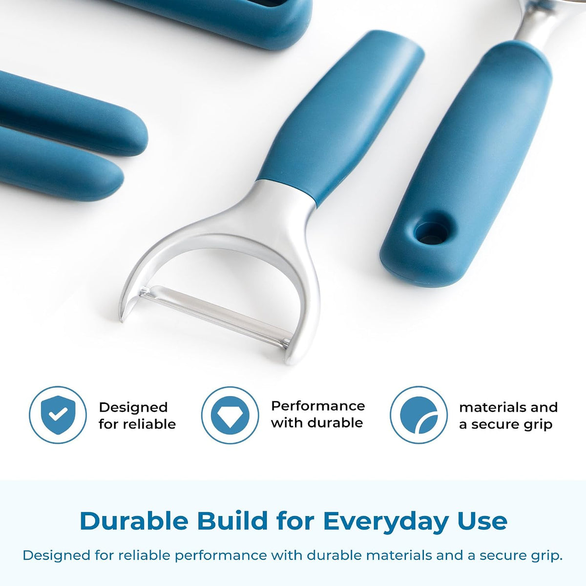 OOU Garlic Press, Stainless Steel Garlic Mincer with Premium Zinc Alloy Construction, Easy-Squeeze Ergonomic TPE Non-Slip Grip Handles, Reverse Cleaning Bumps and Dishwasher Safe Design, Blue