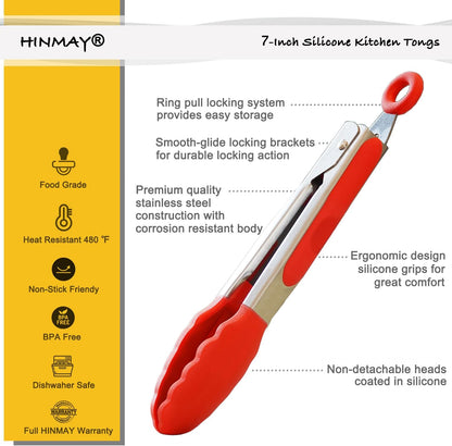 HINMAY Small Silicone Tongs 7-Inch Mini Serving Tongs, Set of 3 (Black Gray White)