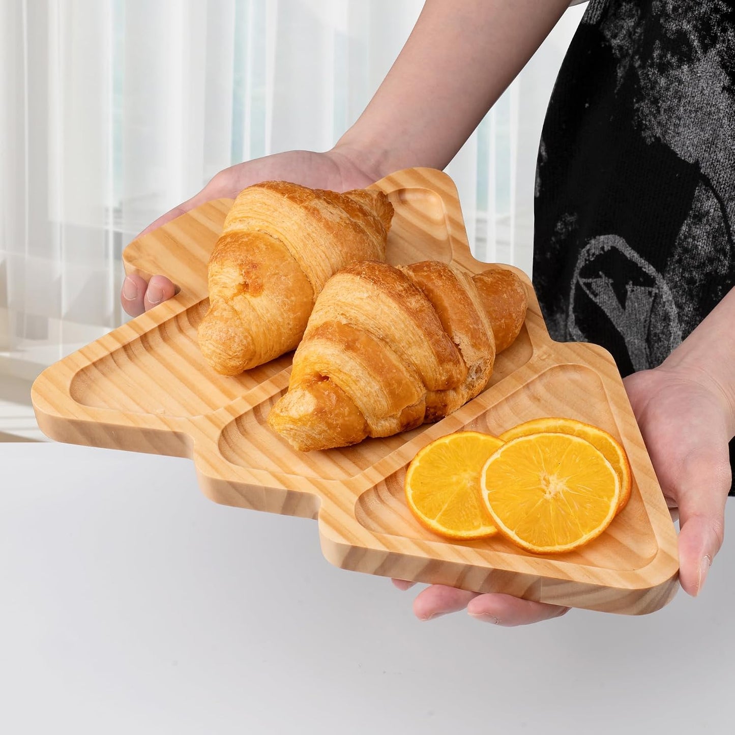 Divided Wood Serving Tray, Rectangular Tray Chip and Dip Platter, Serving Tray with 5 Sections for Appetizers & Snacks, Veggie Platter, Food Trays for Party 12'' x 8.7'' x 0.6''