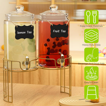 Glass Drink Dispensers For Parties, 2 PACK 1 Gallon Beverage Dispenser With Stand And Spigot Leak proof. Lemonade Dispenser With Ice Cylinder and Chalk board