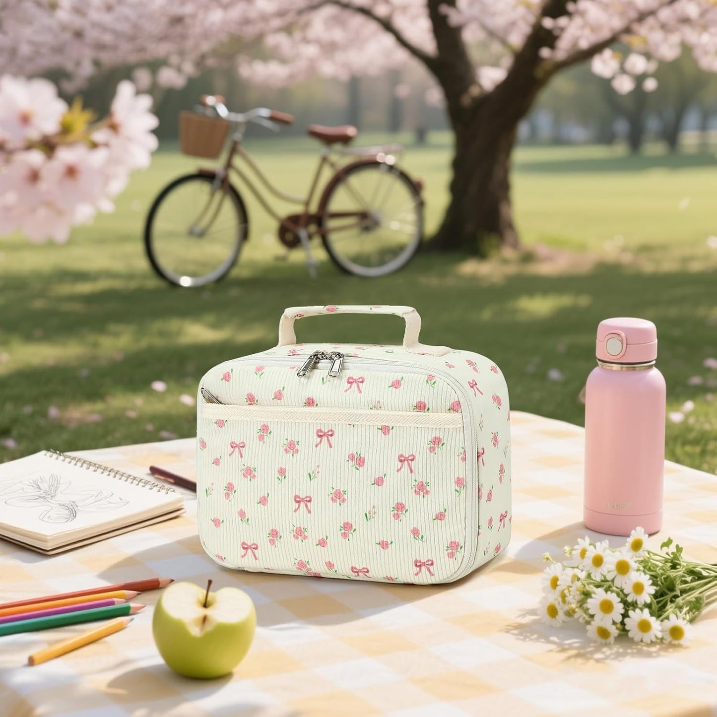 Bluboon Insulated Lunch Bag for Girls & Boys, Corduroy School Lunch Box with Cooler & Organizer Compartments, Leak-Proof Lunch Tote for School, Travel (Corduroy Strawberries Beige)
