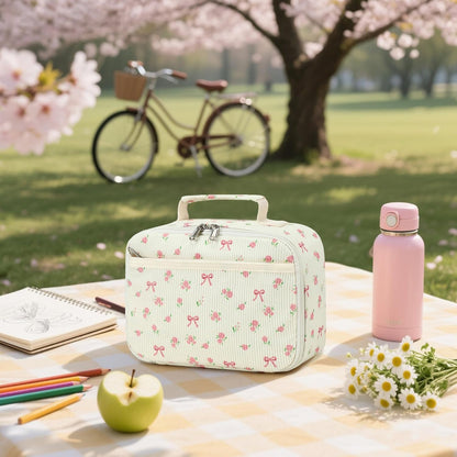 Bluboon Insulated Lunch Bag for Girls & Boys, Corduroy School Lunch Box with Cooler & Organizer Compartments, Leak-Proof Lunch Tote for School, Travel (Corduroy Strawberries Beige)