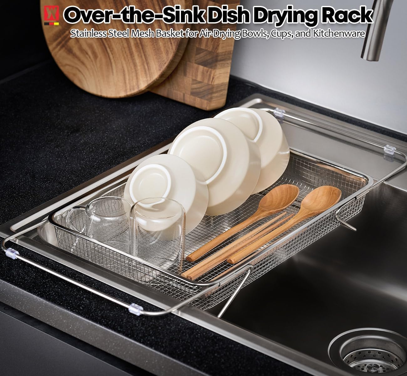 WAGENSTEIGER Extendable Dish Rack with Feet, Vegetable Colander Basket, Stainless Steel Dish or Silverware Drying Rack, Ultimate Kitchen Organizer Over the Sink (11.81 x 8.27 x 2.76 Inches)