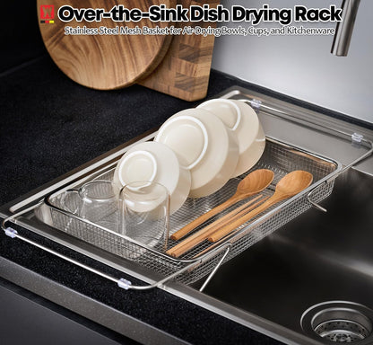 WAGENSTEIGER Extendable Dish Rack with Feet, Vegetable Colander Basket, Stainless Steel Dish or Silverware Drying Rack, Ultimate Kitchen Organizer Over the Sink (11.81 x 8.27 x 2.76 Inches)