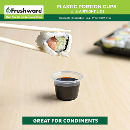 Freshware Plastic Portion Cups with Lids [2 Ounce, 200 Sets] Disposable Plastic Cups for Meal Prep, Salad Dressing, Jellos Shot Cups, Souffle Cups, Condiment and Dipping Sauce Cups