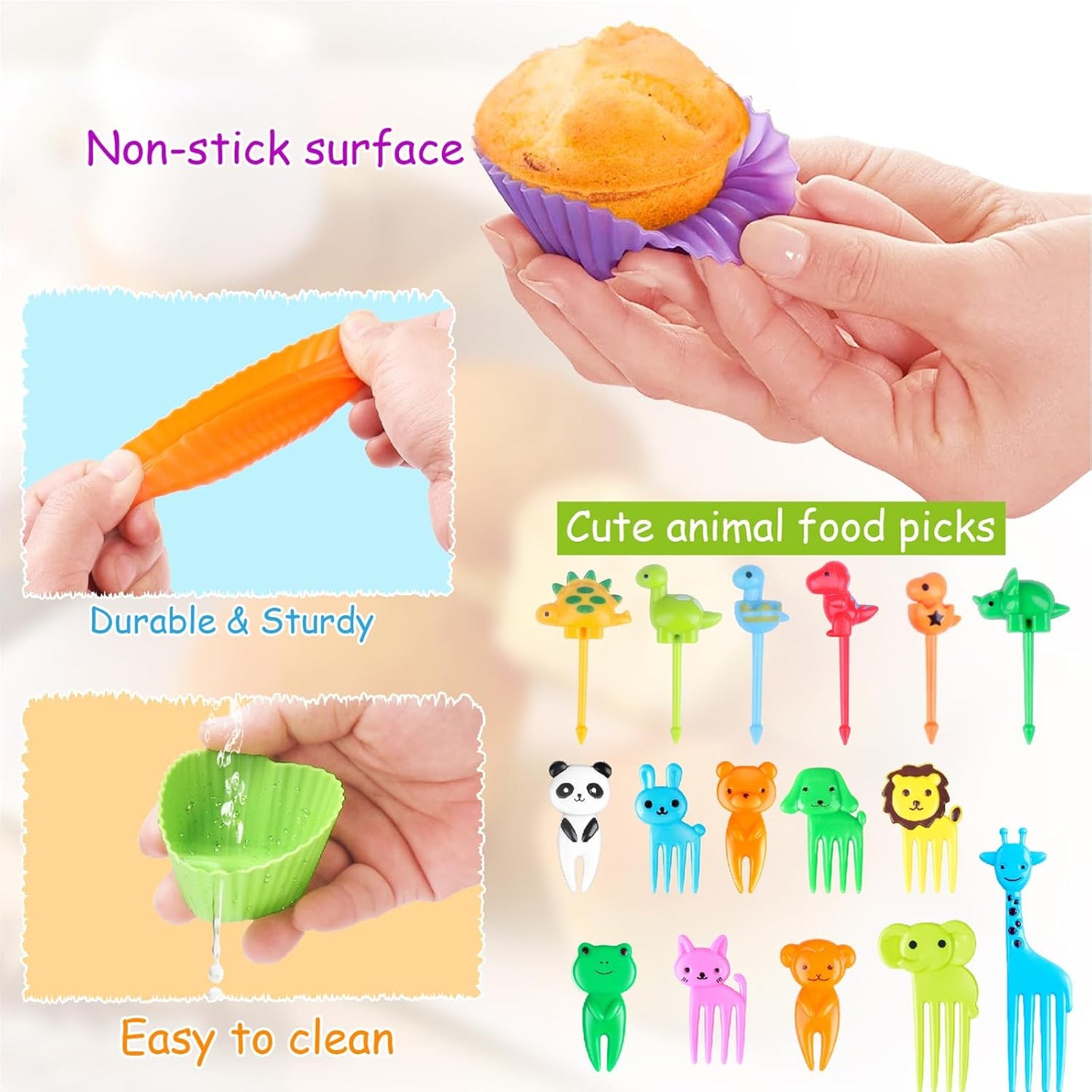 100PCS Silicone Lunch Box Dividers for Kids Lunch Accessories Set, Including 24 Reusable Silicone Cupcake Liners Baking Muffin Cups with 76 Animal Food Picks for Kids, Lunchbox Bento Box Accessories