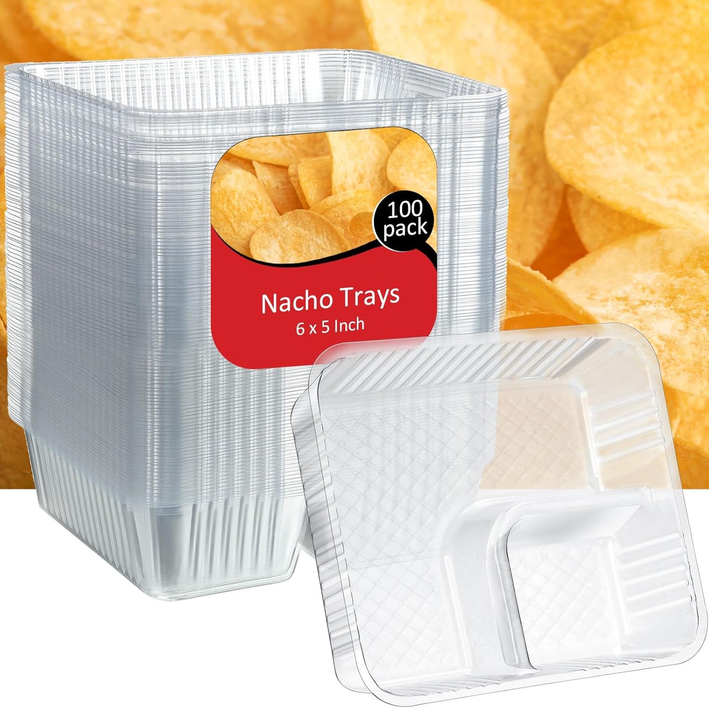 Vesici 100 Pcs 12oz Nacho Trays Disposable 2 Compartment Food Snack Tray Concession Stand Supplies Movie Night Clear Plastic Cheese Dip and Chip Holder for Candy School