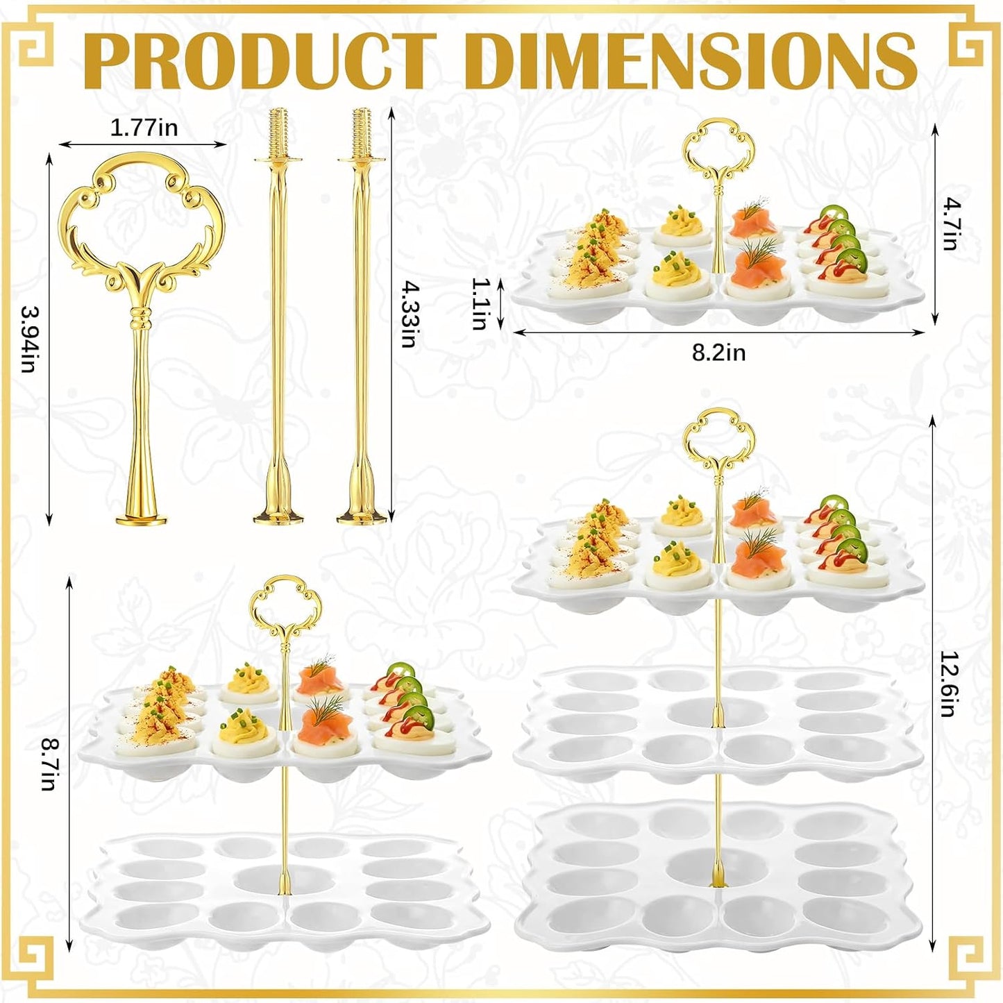 Potchen Multi Tier Ceramic Deviled Egg Platter Deviled Egg Tray Container, Detachable Eggs Holder Tower Wedding Party Food Container for Kitchen Countertop Microwave Dishwasher Freezer(Flower,3 Tier)
