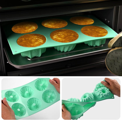 HUAKENER 2 Pcs Mini Fluted Cake Pan, 6-Cavity Fluted Cake Mold, Non-stick Silicone Baking Mold for Cupcakes, Donuts, Cornbread, Brownies, Jellies