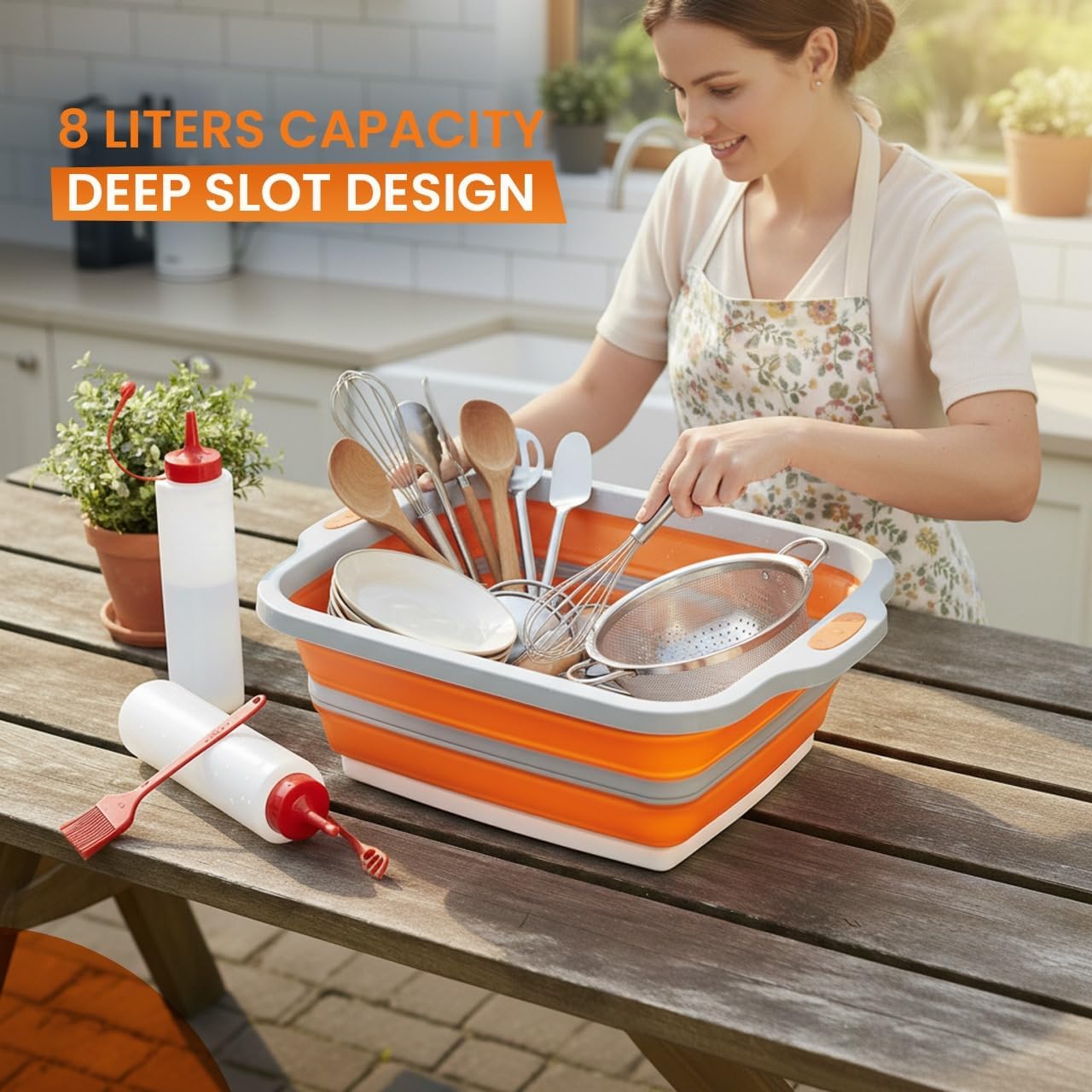 Collapsible BBQ Prep Tub, (8L) Meal prep, Marinating Food Container, Folding Cutting Board, Multi-Function Grill Caddy W/Bulit-In Colander & Lid, 2 Squeeze Bottles1 Silicone Brush for Picnic- Camping-