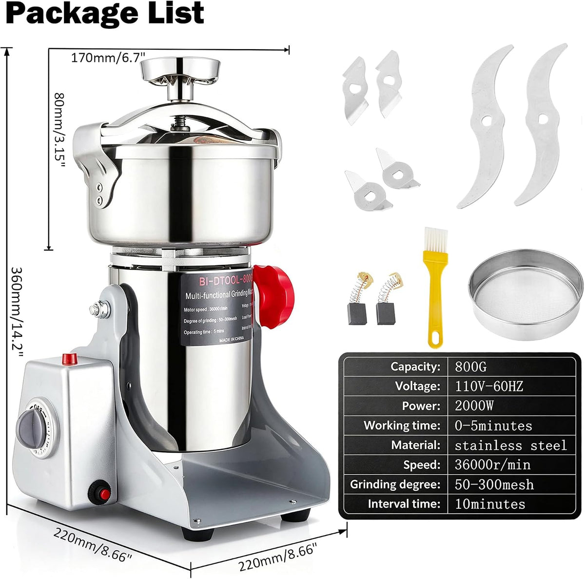 BI-DTOOL Electric Grain Mill Grinder 2000W Dry Material Grinding Machine 800g Stainless Steel Pulverizer 36000r/min High-speed Grain Mill 270° swingable Superfine powder for Home and Commercial 800g
