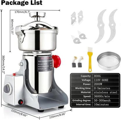 BI-DTOOL Electric Grain Mill Grinder 2000W Dry Material Grinding Machine 800g Stainless Steel Pulverizer 36000r/min High-speed Grain Mill 270° swingable Superfine powder for Home and Commercial 800g