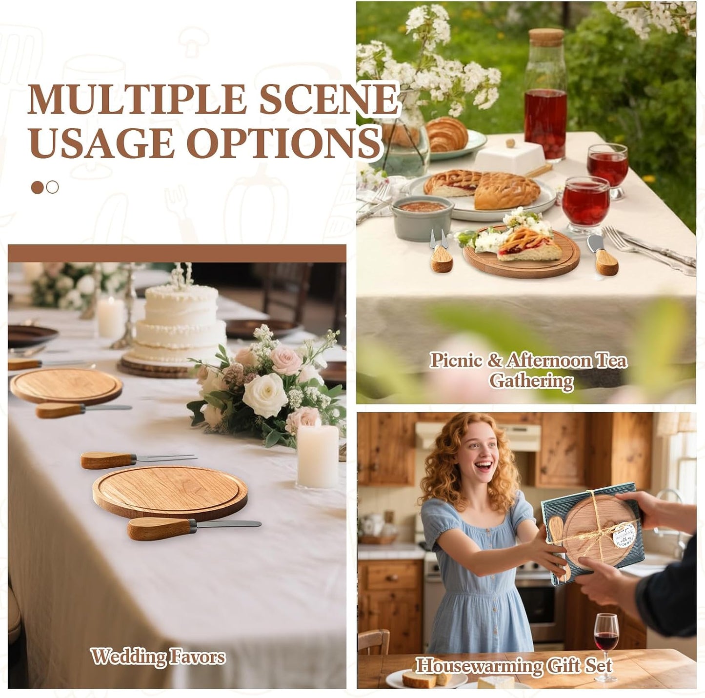 Maxcheck 6 Sets Baby Shower Bridal Game Prizes for Winners Round Cheese Board Set Wood Mini Charcuterie Board with Knives and Forks Thank You Card with Gift Box for Guests Wedding (Bamboo)