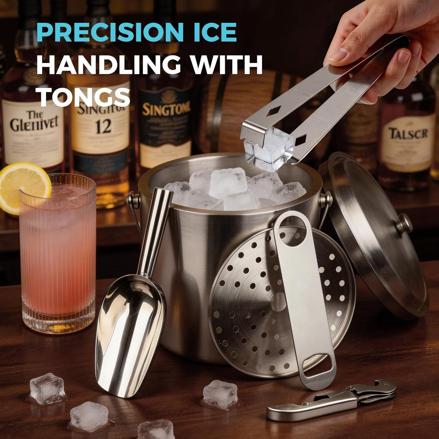 Ice Buckets for Parties 3L (101 fl oz) - 6PC Stainless Steel Ice Bucket with Lid, Scoop, Tongs & Beer Wine Opener – Double-Wall Insulated Bar Ice Bucket for Cocktail Bar & Outdoor Events