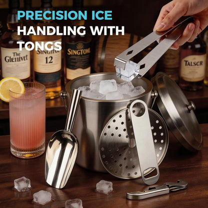 Ice Buckets for Parties 3L (101 fl oz) - 6PC Stainless Steel Ice Bucket with Lid, Scoop, Tongs & Beer Wine Opener – Double-Wall Insulated Bar Ice Bucket for Cocktail Bar & Outdoor Events