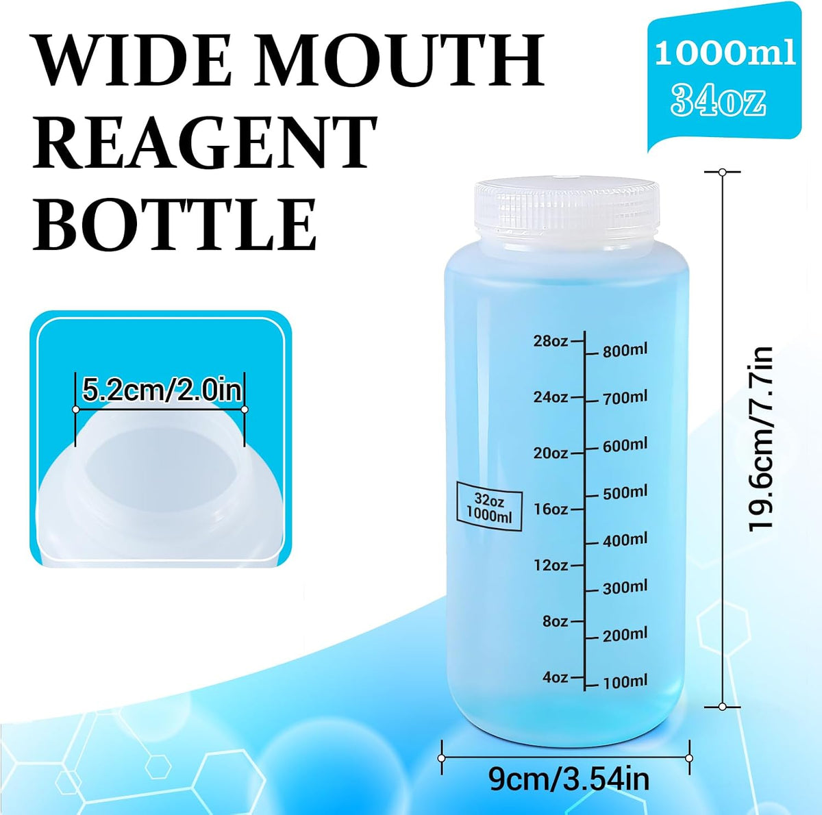 34oz/1000ml Wide Mouth Plastic Bottles with Airtight Lids, Graduated Food Grade Leak Proof PP Containers Jars for Water Sample Lab Reagent Liquid Medicine Storage (Transparent, 3 Pcs)