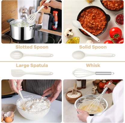 TeamFar Silicone Cooking Utensils Set, 8 PCS Kitchen Utensils Set, 446°F Heat Resistant, Turner, Spatula, Spoon, Whisk, Kitchen Cooking Gadgets Tools for Nonstick Cookware, Dishwasher Safe-Khaki