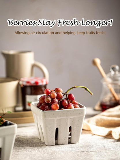 Gomakren Berry Bowls with Holes Ceramic, Berry Washing Bowl Basket Set of 2, 5.8 Inch Round Fruit Bowl Storage Containers, Strawberry Baskets, Farmhouse Kitchen Decor, Yellow + Brown