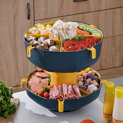 Rotatable Vegetable Draining Basket with Handle - Multi-Grid Hot Pot Serving Platter for Fruits and Vegetables