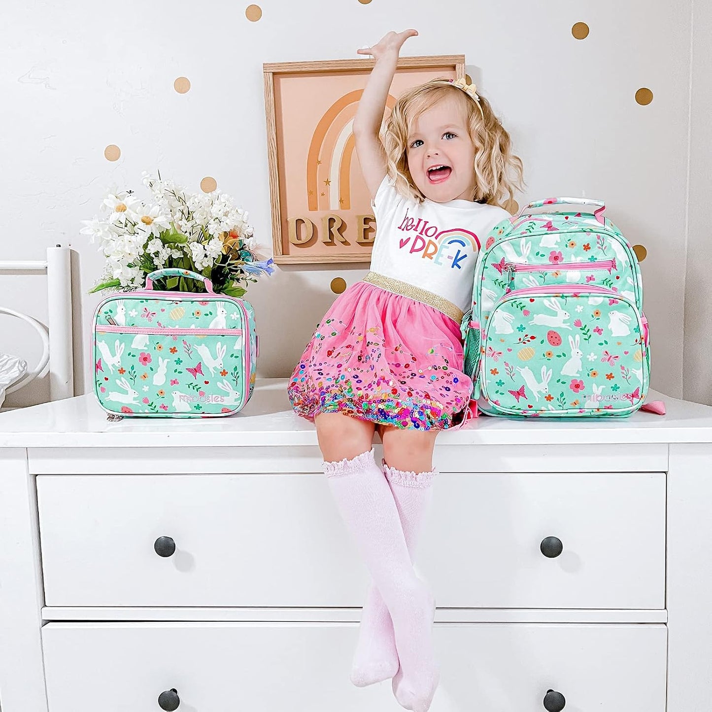mibasies Kids Lunch Box for Girls Toddler, Insulated and Reusable Lunch Bag for School, Pink Rainbow