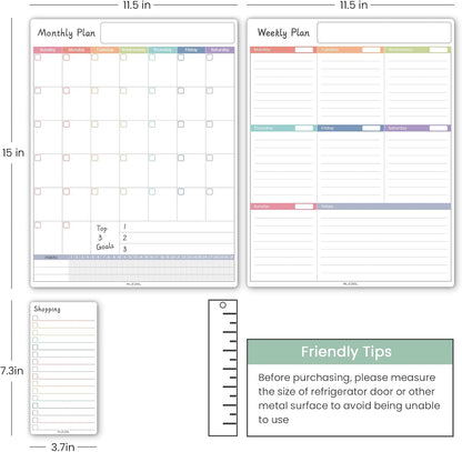 ALEZEL Magnetic Fridge Calendar Whiteboard, Dry Erase Refrigerator Calendar Set (3 Boards) - Magnetic Weekly Calendar for Fridge, Dry Erase Calendar, Grocery List White Board, 3 Markers + Eraser