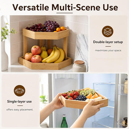 Bamboo 2 Tier Fruit Basket for Kitchen Counter, Corner Fruit Stand Holder, Detachable Countertop Organizer Large Capacity for Vegetables, Bread, Snack, Spice Jars Storage(Bamboo,2 Tire)
