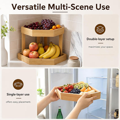 Bamboo 2 Tier Fruit Basket for Kitchen Counter, Corner Fruit Stand Holder, Detachable Countertop Organizer Large Capacity for Vegetables, Bread, Snack, Spice Jars Storage(Bamboo,2 Tire)