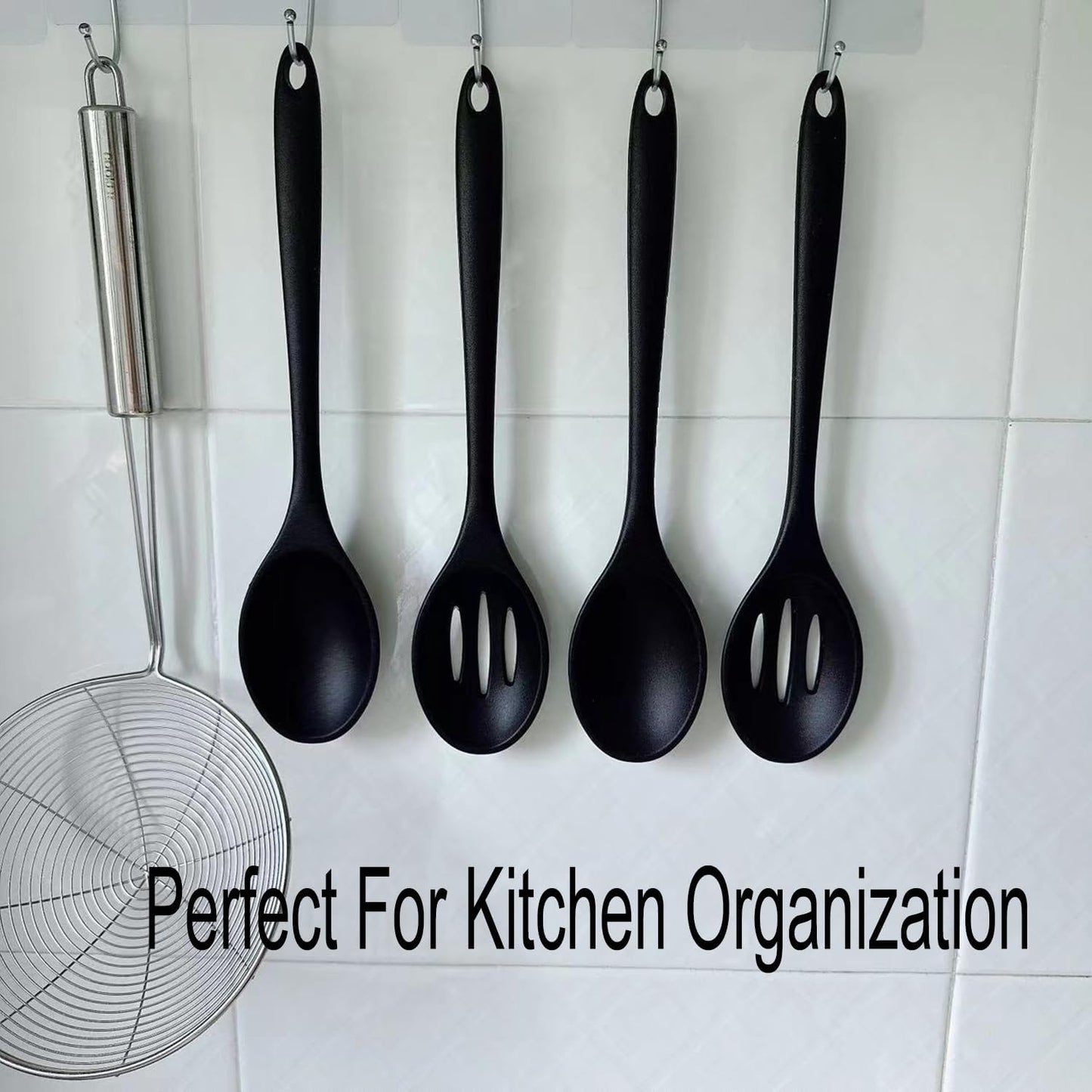 Silicone Cooking Spoon, Nonstick Kitchen Spoons Set for Cooking,Slotted and Solid Serving Spoon Heat Resistant, Silicone Mixing Basting Stirring Spoons for Nonstick Cookware 4 Pack (Black)