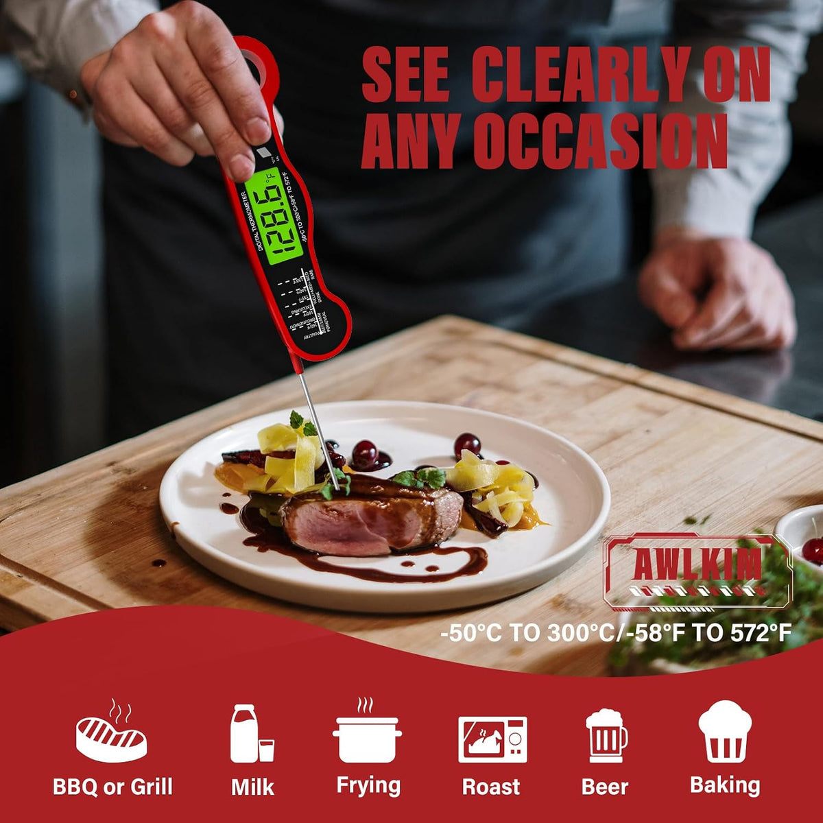 AWLKIM Meat Thermometer Digital, Instant Read Food Thermometer, Red
