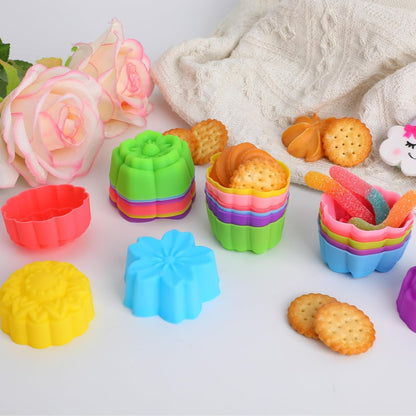 42pcs Reusable Silicone Baking Cups, 7 Styles Flower Shaped Silicone Molds Non-Stick Mini Cupcake Cases & Muffin Liners for Baking Jello Candy Soap Making (Multi-Color)