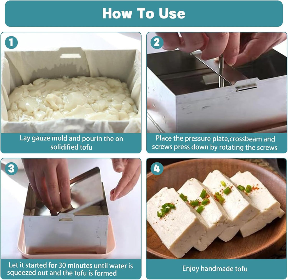Tofu Press Stainless Steel,SUS304 Paneer Maker with Presser Towel & Drip Tray,Drainage System Hole for Making Up To 2 Pounds,Heavy Duty Easy-to-Use Kitchen Tool with Adjustable Pressure