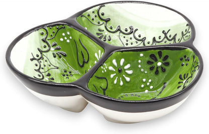 Ceramic Chip & Dip Bowl 7.5”, 3-Compartment Divided Serving Dish & Condiment Tray for Appetizers – Handmade in Spain, Lead-Free Glaze, Microwave, Oven & Dishwasher Safe