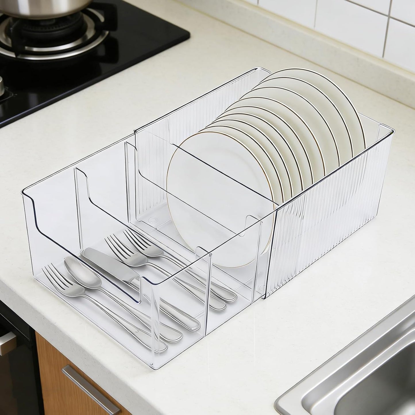 Expandable Dish and Flatware Organizer for Kitchen Countertop, Clear Plate Holder with Removable Divider, Plastic Cutlery Storage Bin for Cabinet Pantry Shelf, Adjustable Dinnerware Caddy