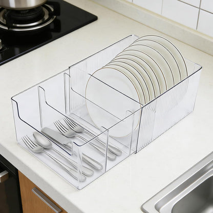 Expandable Dish and Flatware Organizer for Kitchen Countertop, Clear Plate Holder with Removable Divider, Plastic Cutlery Storage Bin for Cabinet Pantry Shelf, Adjustable Dinnerware Caddy
