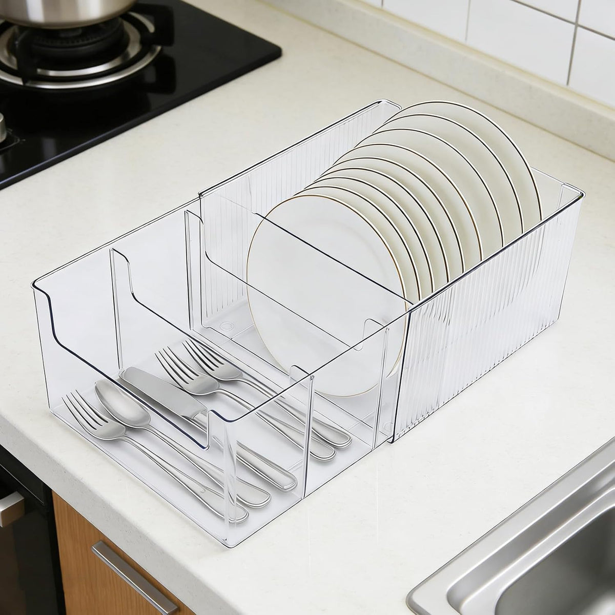 Expandable Dish and Flatware Organizer for Kitchen Countertop, Clear Plate Holder with Removable Divider, Plastic Cutlery Storage Bin for Cabinet Pantry Shelf, Adjustable Dinnerware Caddy