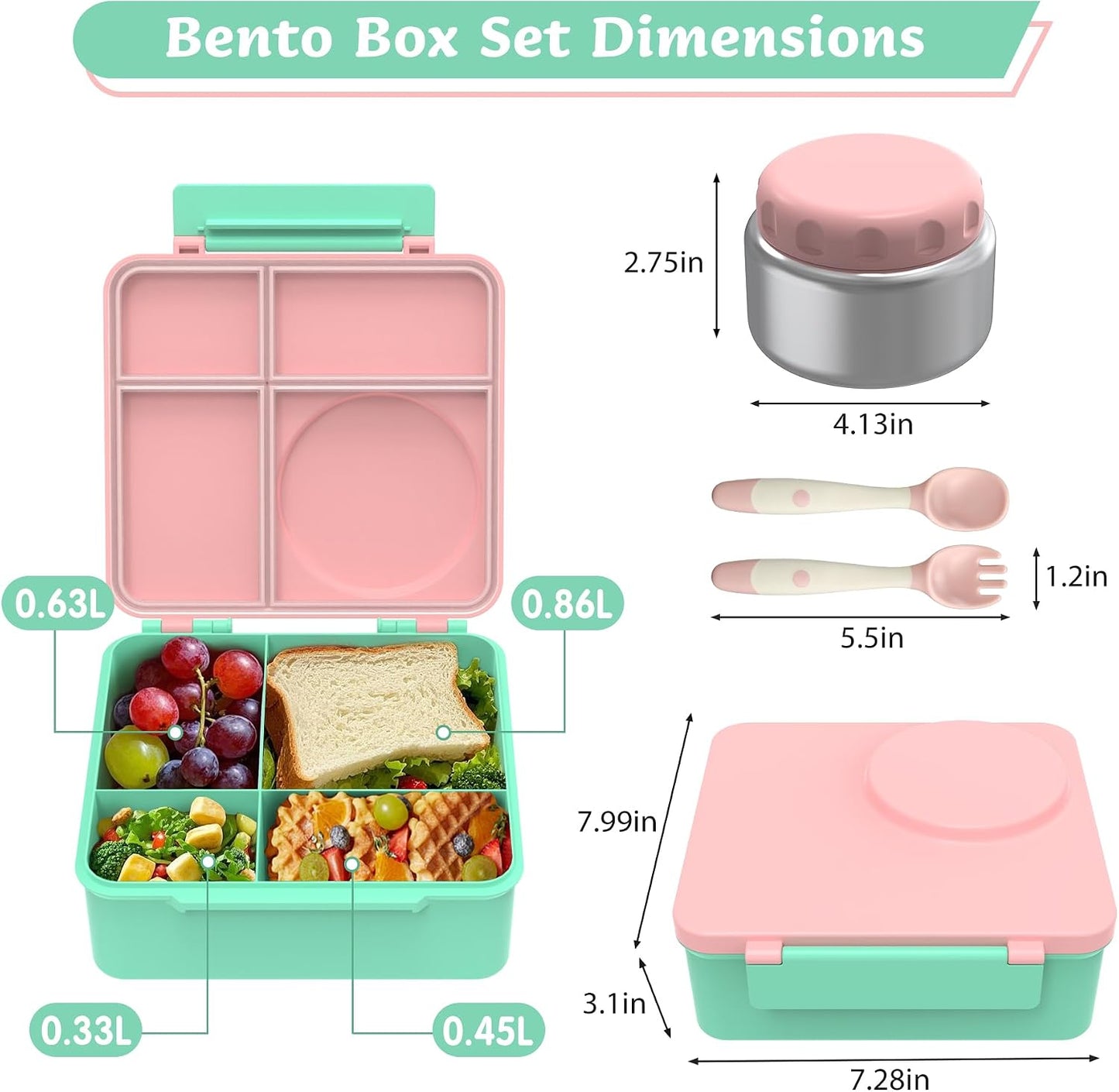 Bento Lunch Box Set for Kids with 8oz Soup Thermo, Leak-Proof Lunch Containers with 4 Compartment, Thermo Hot Insulated Food Jar and Foldable Fork Spoon, for Kids to School (pale pink)