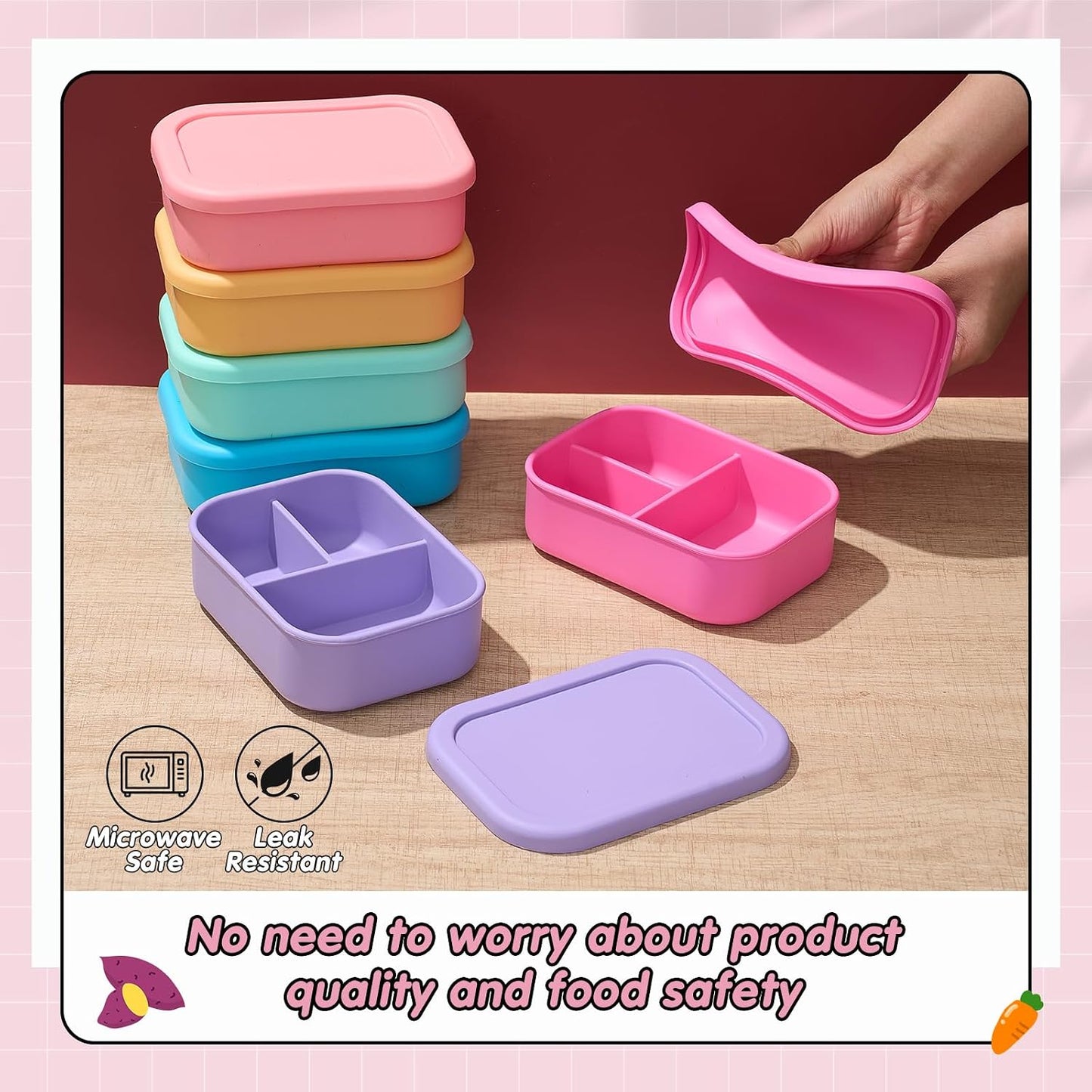Layhit 4 Pcs Silicone Bento Box for Adults, 27 oz Bento Lunch Container Reusable 3 Compartment Lunchable Food Container for Women Men, Leak Proof Microwave Dishwasher Freezer Safe (Cool Colors)