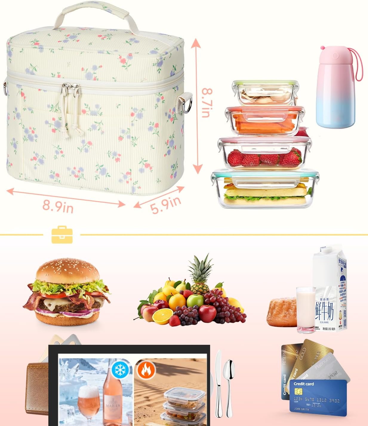 HowFly Lunch Bag Women Lunch Box for Women Cute Corduroy Insulated Lunch Bag Adult Large Cooler Lunch Tote Bags for Work Picnic Beach, Blue