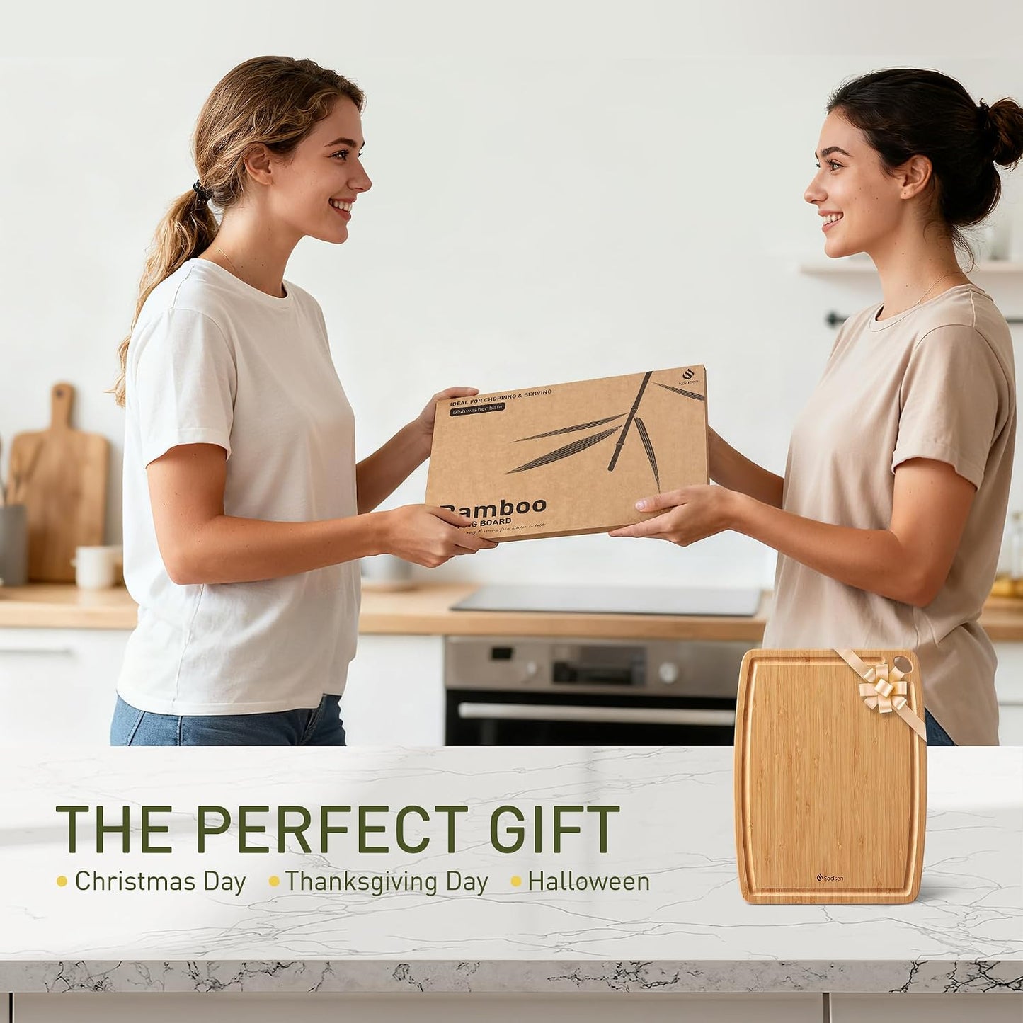 Lightweight Durable Bamboo Cutting Board Set with Non-Slip Feet, Wood Cutting Board for Busy Kitchen, Easy Clean Wooden Chopping Boards with Juice Groove Best House Warming Gift Set of 3 (S+M+L)