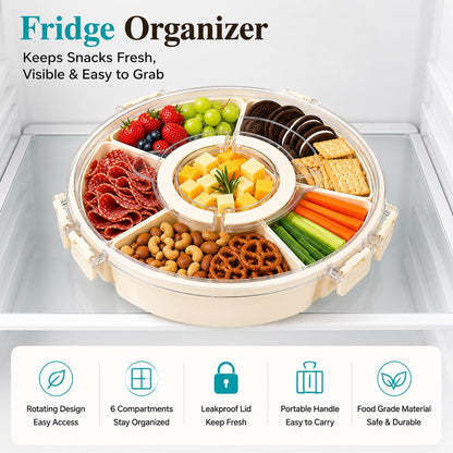 Snackle Box Container with Lid & Handle, 6 Compartment Snack Tray for Kids & Adults, Portable Serving Tray for Fruit, Veggies, Candy & Snacks, Rotating Organizer for Travel, Party & Movie Night