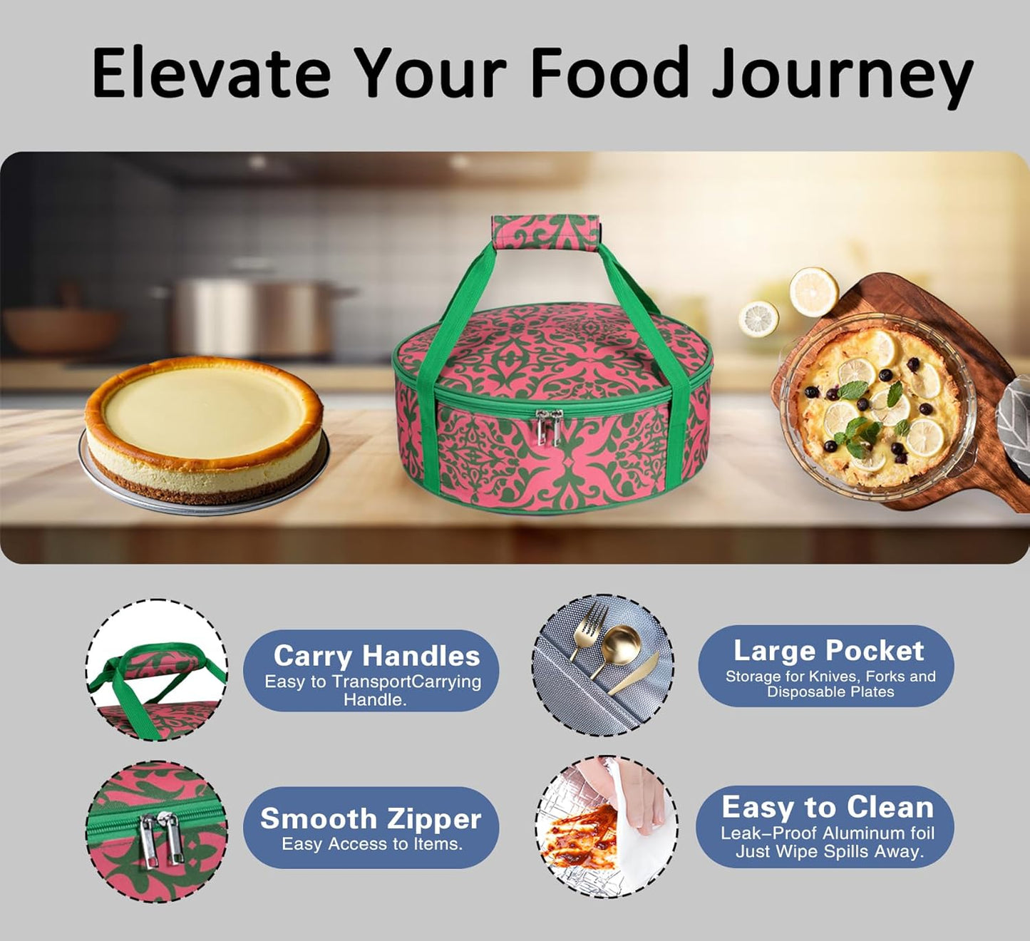 Round Insulated Pie Carrier – Thermal Portable Lunch Transport Cheesecake Cake Dish Container Bag Keep Food Hot/Cold/Fresh for Potlucks Parties Gathering/Cookouts/Church Dinner/Outdoor Events-Red