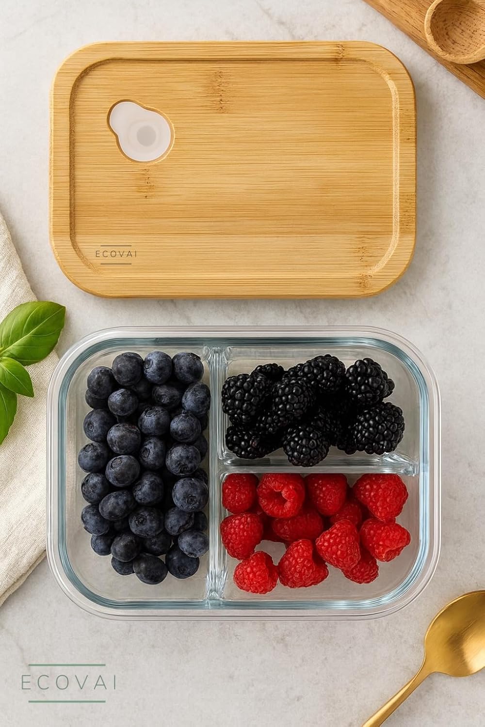 ECOVAI Glass Bento Box (2 Pack) LARGE 3-Compartment Portion Control Glass Meal Prep Containers with Bamboo Lid, Leakproof Silicone Seal, Borosilicate Glass, Microwave Safe Lunch Box/Tupper