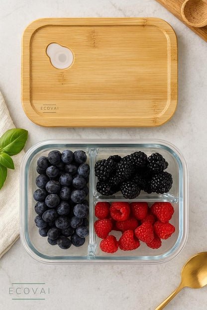 ECOVAI Glass Bento Box (2 Pack) LARGE 3-Compartment Portion Control Glass Meal Prep Containers with Bamboo Lid, Leakproof Silicone Seal, Borosilicate Glass, Microwave Safe Lunch Box/Tupper