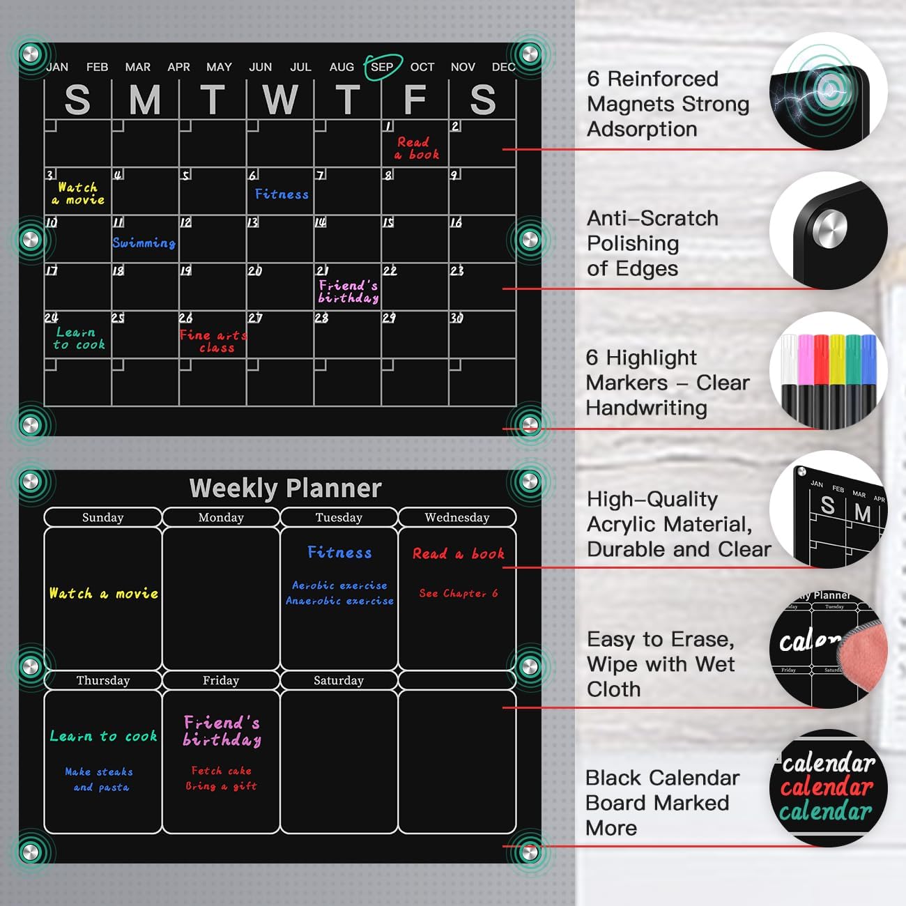 Magnetic Monthly & Weekly Fridge Calendar - Black Dry Erase Acrylic Refrigerator Planning Board Includes 6 Colorful Markers, Pen Holder, Towel, Hook