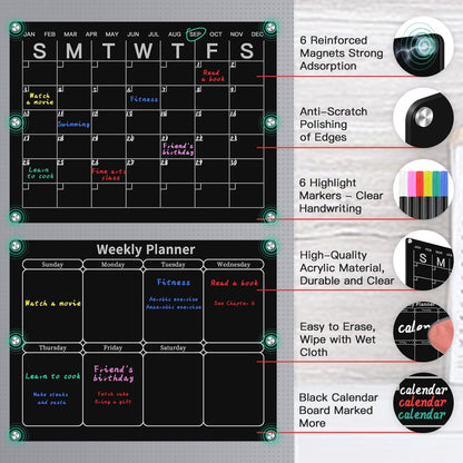 Magnetic Monthly & Weekly Fridge Calendar - Black Dry Erase Acrylic Refrigerator Planning Board Includes 6 Colorful Markers, Pen Holder, Towel, Hook