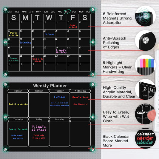 Magnetic Monthly & Weekly Fridge Calendar - Black Dry Erase Acrylic Refrigerator Planning Board Includes 6 Colorful Markers, Pen Holder, Towel, Hook